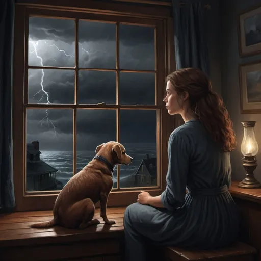 Prompt: Draw a dark and stormy night with the main character, Meg Murry, sitting by a window, looking out at the storm. You can also show her brother, Charles Wallace, and their dog, Fortinbras, in the room.