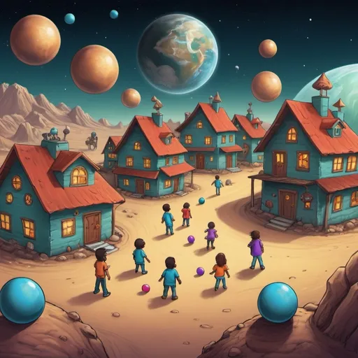 Prompt: Draw the group arriving on the planet Camazotz, where everything looks the same, and the people are controlled by IT. You can show the children looking at the identical houses and the bouncing balls.