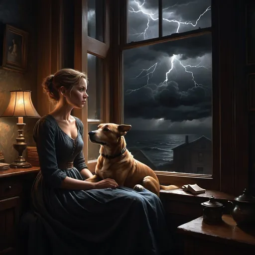 Prompt: Draw a dark and stormy night with the main character, Meg Murry, sitting by a window, looking out at the storm. You can also show her brother, Charles Wallace, and their dog, Fortinbras, in the room.