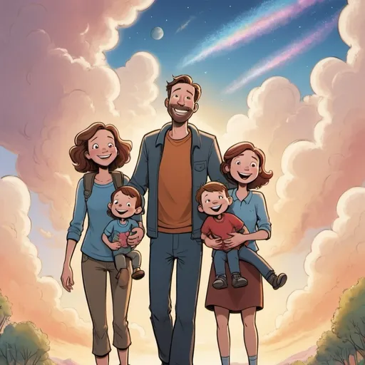 Prompt: Draw the family reunited back on Earth, with Meg, Charles Wallace, and Calvin safely home. Show the characters smiling and embracing, with a bright, peaceful sky overhead.