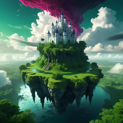 Prompt: (fantasy concept of a flying island), a sacred white castle on top, a dark demonic castle below, (dramatic contrast), (highly detailed), vibrant colors, ethereal skies, surreal atmosphere, lush green terrain interspersed with eerie shadows, whimsical elements, (incredibly cinematic), magical environment, (4K resolution), maximizing visual intrigue with light and shadow interplay.