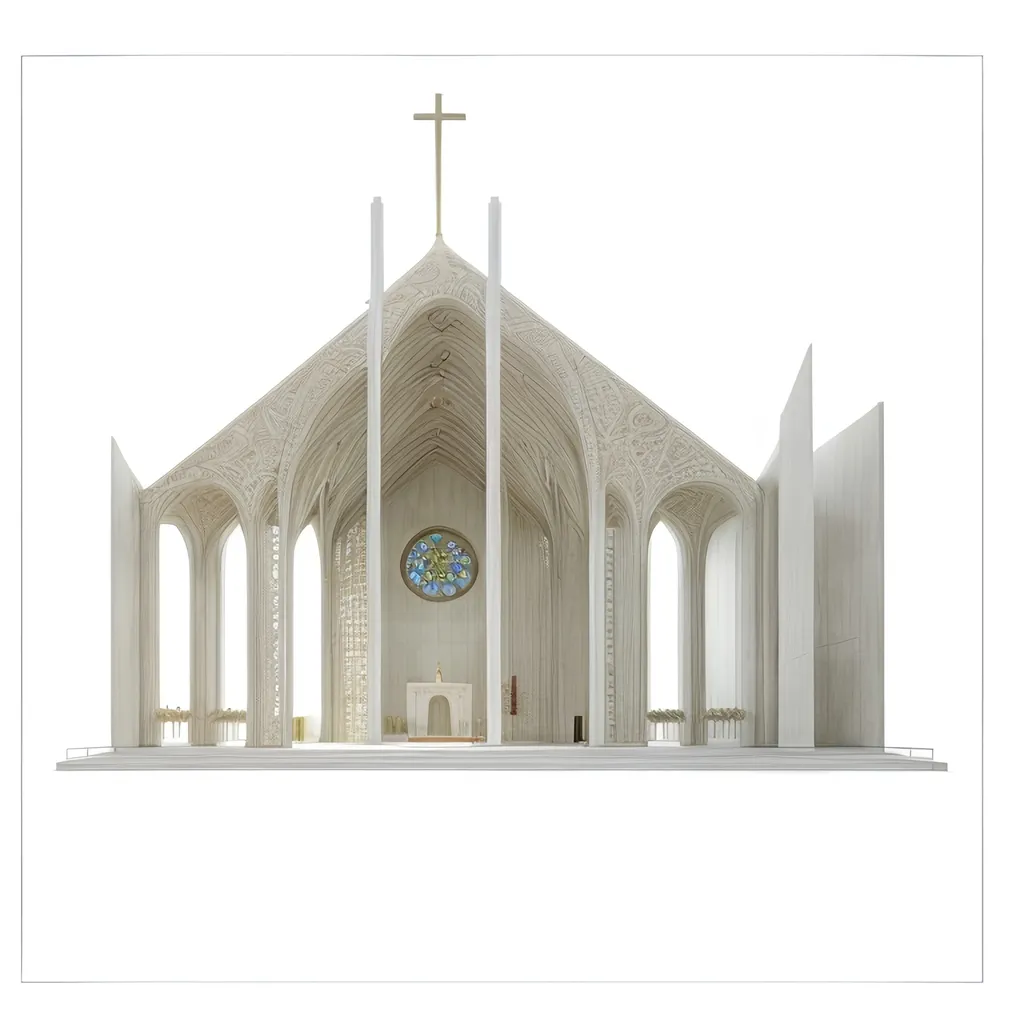 Prompt: (photorealistic), modern church architecture, intricate details, serene atmosphere,