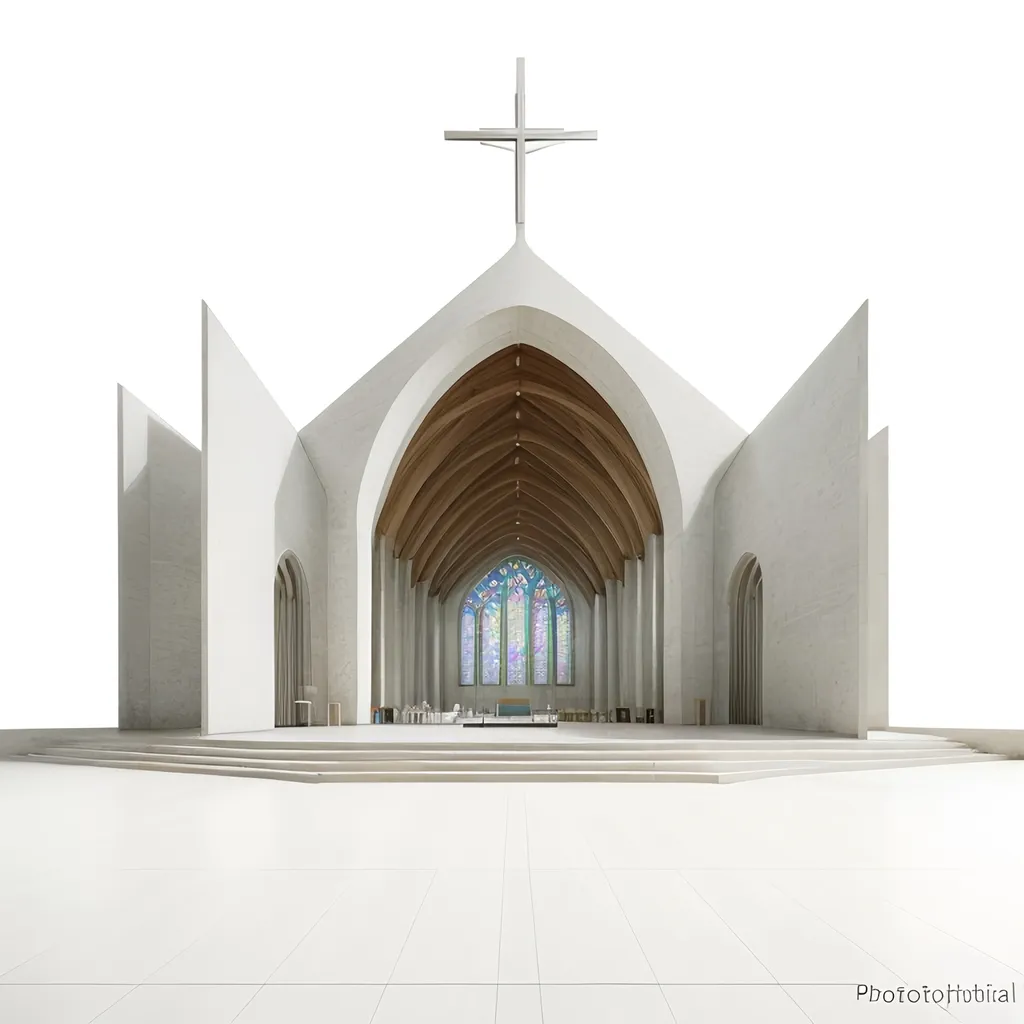 Prompt: (photorealistic), modern church architecture, intricate details, serene atmosphere,