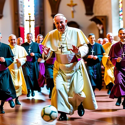 Prompt: (motion blur:1.2) the pope in cassock playing soccer in church, happy crowd, running facing camera with soccerball