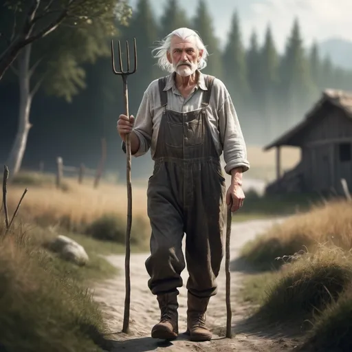 Prompt: Fullbody old man peasant, in dirty overalls approaches, using a pitchfork as an impromptu walking stick,  white hair,  wearing rustic nordman peasant cloaths,  idyllic atmosphere, dramatic lighting with soft shadows, photorealistic textures, depth of field, 4K resolution, cinematic composition, fantasy art style, dreamlike quality, surreal imagery, nature-inspired background,  high contrast, mesmerizing details, award-winning digital artwork