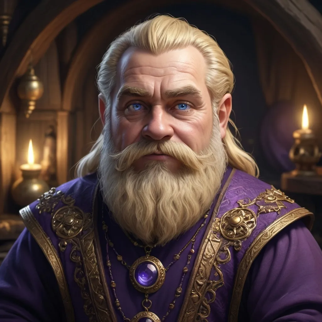 Prompt: Fullbody middle-age fantasy dwarf, (blond hair, combed back), friendly expression, (dwarf beard ornamented with rings), blue eyes,  wearing dark-purple tunic with golden ornaments,  caravan atmosphere, dramatic lighting with soft shadows, photorealistic textures, depth of field, 4K resolution, cinematic composition, fantasy art style, dreamlike quality, surreal imagery, idyllic inspired background,  high contrast, mesmerizing details, award-winning digital artwork