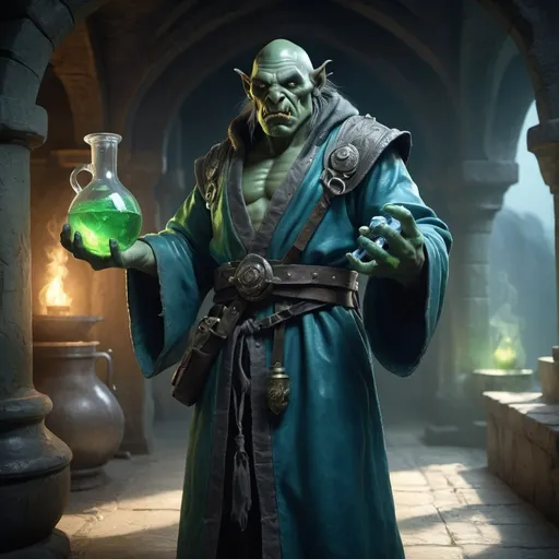 Prompt: (Fullbody Alchemists Orc, ruthless expression, green skin, wearing blue leather robe, holding a little acid flask in right hand), ethereal atmosphere, dramatic lighting with soft shadows, photorealistic textures, depth of field, 4K resolution, cinematic composition, fantasy art style, dreamlike quality, surreal imagery, nature-inspired architecture, otherworldly entrance, high contrast, mesmerizing details, award-winning digital artwork