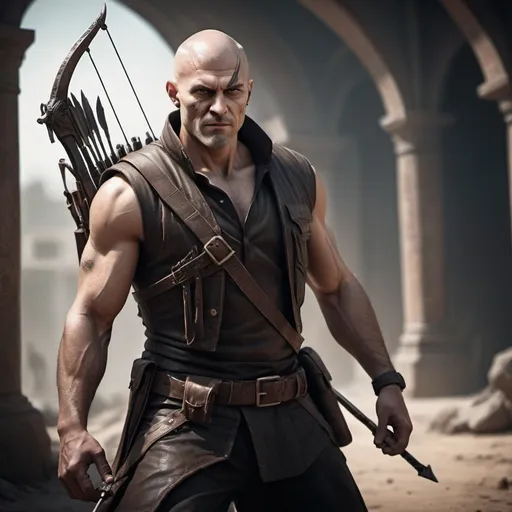 Prompt: (Fullbody ulgry brute man, vertical line scar on right eye until the mouth, no-hair and bald), ruthless expression, malicious smile, (wearing dark brown leather vest, carring a crossbow in the back, left hand holding a kukri). ethereal atmosphere, dramatic lighting with soft shadows, photorealistic textures, depth of field, 4K resolution, cinematic composition, fantasy art style, dreamlike quality, surreal imagery, nature-inspired architecture, otherworldly entrance, high contrast, mesmerizing details, award-winning digital artwork