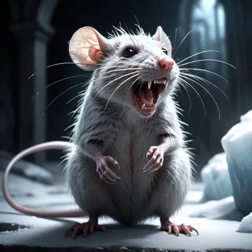 Prompt: Fullbody realistic draw of a mad icy  rat, showing fangs, background of a pen, ethereal atmosphere, dramatic lighting with soft shadows, photorealistic textures, depth of field, 4K resolution, cinematic composition, fantasy art style, dreamlike quality, surreal imagery, nature-inspired architecture, otherworldly entrance, high contrast, mesmerizing details, award-winning digital artwork