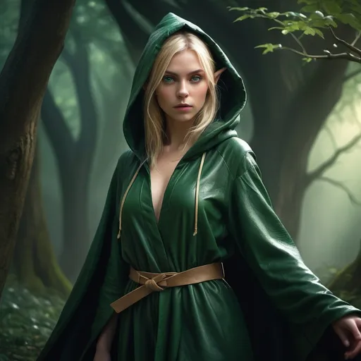 Prompt: Fullbody young woman elf, striking green eyes,  blonde  hair,  wearing dark-green fluttering full leather robe with a hood covering the head, with a shortbow in the back  florest atmosphere, dramatic lighting with soft shadows, photorealistic textures, depth of field, 4K resolution, cinematic composition, fantasy art style, dreamlike quality, surreal imagery, nature-inspired architecture,  high contrast, mesmerizing details, award-winning digital artwork