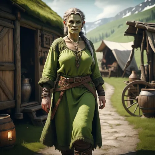 Prompt: Fullbody middle-age half-orc woman peasant, green skin, wearing rustic nordman peasant cloaths,  caravan atmosphere, dramatic lighting with soft shadows, photorealistic textures, depth of field, 4K resolution, cinematic composition, fantasy art style, dreamlike quality, surreal imagery, idyllic inspired background,  high contrast, mesmerizing details, award-winning digital artwork