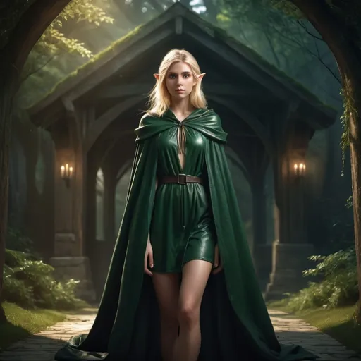 Prompt: (Fullbody young woman elf, blonde  hair cover back cloak),  (wearing dark-green fluttering full leather robe cover the head),  florest atmosphere, dramatic lighting with soft shadows, photorealistic textures, depth of field, 4K resolution, cinematic composition, fantasy art style, dreamlike quality, surreal imagery, nature-inspired architecture,  high contrast, mesmerizing details, award-winning digital artwork