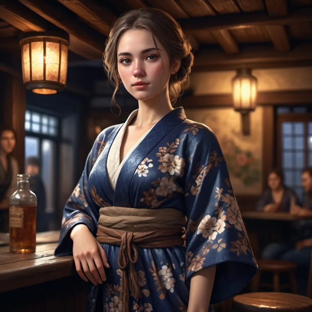 Prompt: Fullbody young woman peasant, in  brown hair,  wearing beautiful dark-blue floral kimono,  tavern atmosphere, dramatic lighting with soft shadows, photorealistic textures, depth of field, 4K resolution, cinematic composition, fantasy art style, dreamlike quality, surreal imagery, tavern-inspired background,  high contrast, mesmerizing details, award-winning digital artwork