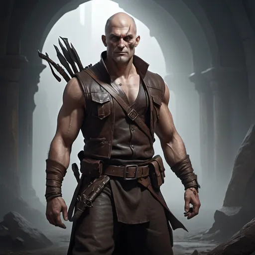 Prompt: (Fullbody ulgry brute man, on face a vertical line scar on right eye until the mouth, no-hair and bald), malicious smile, (wearing dark brown leather vest, carring a heavy-crossbow in the back, left hand holding a "kukri knife"). ethereal atmosphere, dramatic lighting with soft shadows, photorealistic textures, depth of field, 4K resolution, cinematic composition, fantasy art style, dreamlike quality, surreal imagery, nature-inspired architecture, otherworldly entrance, high contrast, mesmerizing details, award-winning digital artwork