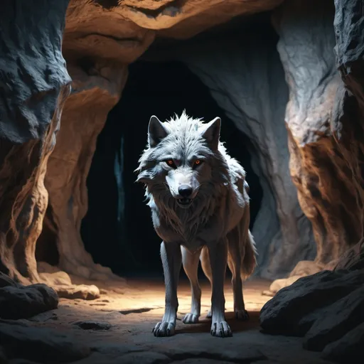 Prompt: Fullbody realistic mad wolf with no fur and no eyes, realistic draw,cave background, ethereal atmosphere, dramatic lighting with soft shadows, photorealistic textures, depth of field, 4K resolution, cinematic composition, fantasy art style, dreamlike quality, surreal imagery, nature-inspired architecture, otherworldly entrance, high contrast, mesmerizing details, award-winning digital artwork