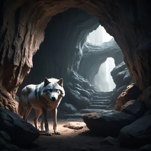 Prompt: (no-eyes, no fur, mad wolf) realistic draw,cave background, ethereal atmosphere, dramatic lighting with soft shadows, photorealistic textures, depth of field, 4K resolution, cinematic composition, fantasy art style, dreamlike quality, surreal imagery, nature-inspired architecture, otherworldly entrance, high contrast, mesmerizing details, award-winning digital artwork