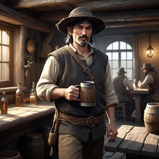 Prompt: Fullbody, middle-age drunked peasant, tavern ambient approaches, holding a wood mug,  black hair with a hat,  wearing rustic nord commoner cloaths,  tarvern atmosphere, dramatic lighting with soft shadows, photorealistic textures, depth of field, 4K resolution, cinematic composition, fantasy art style, dreamlike quality, surreal imagery, nature-inspired background,  high contrast, mesmerizing details, award-winning digital artwork