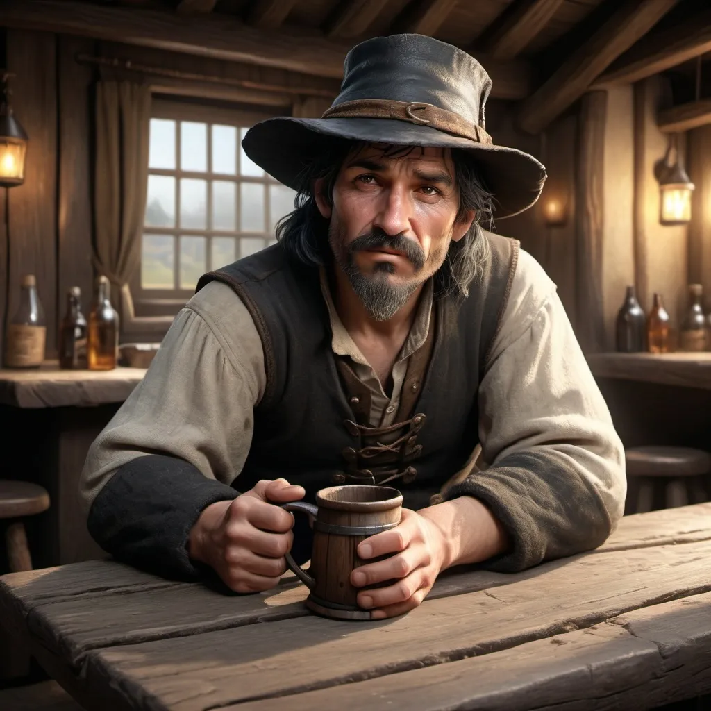 Prompt: Fullbody, middle-age drunked peasant, seated on table, tavern ambient approaches, holding a wood mug,  black hair with a hat,  wearing rustic nord commoner cloaths,  tarvern atmosphere, dramatic lighting with soft shadows, photorealistic textures, depth of field, 4K resolution, cinematic composition, fantasy art style, dreamlike quality, surreal imagery, nature-inspired background,  high contrast, mesmerizing details, award-winning digital artwork