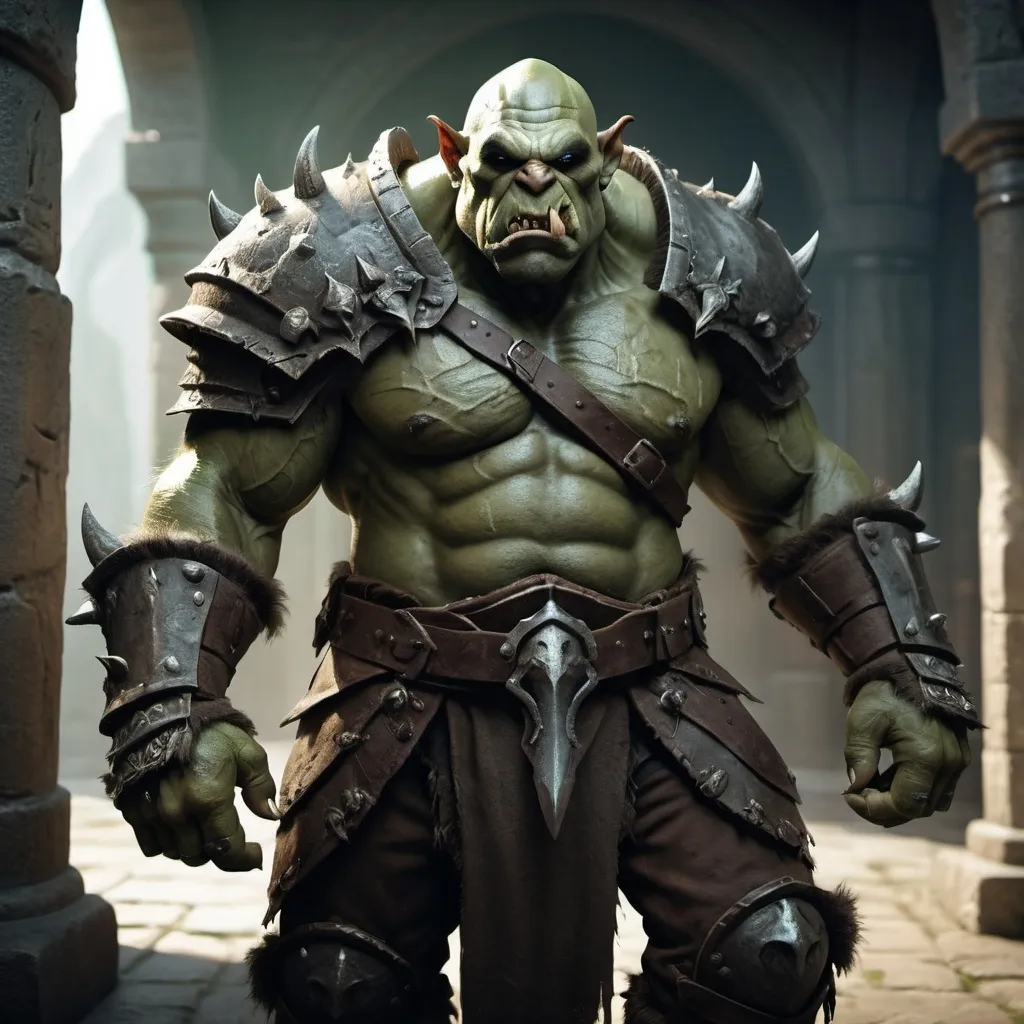 Prompt: (Fullbody Mad Brute Orc), green skin, battle scars, wearing plate armor, holding a orc knuckle dagger, ethereal atmosphere, dramatic lighting with soft shadows, photorealistic textures, depth of field, 4K resolution, cinematic composition, fantasy art style, dreamlike quality, surreal imagery, nature-inspired architecture, otherworldly entrance, high contrast, mesmerizing details, award-winning digital artwork