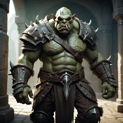 Prompt: (Fullbody Mad Brute Orc), green skin, battle scars, wearing plate armor, holding a orc knuckle dagger, ethereal atmosphere, dramatic lighting with soft shadows, photorealistic textures, depth of field, 4K resolution, cinematic composition, fantasy art style, dreamlike quality, surreal imagery, nature-inspired architecture, otherworldly entrance, high contrast, mesmerizing details, award-winning digital artwork