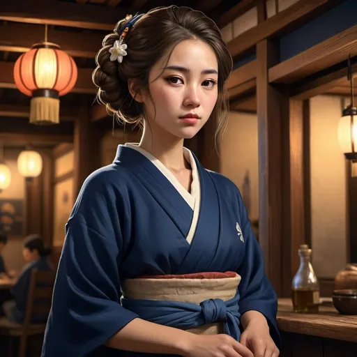 Prompt: Fullbody young asian peasant woman, brown hair with a kanzashi, (small scar on right cheek), wearing simple dark-blue kimono, Mediterranean tavern atmosphere, dramatic lighting with soft shadows, photorealistic textures, depth of field, 4K resolution, cinematic composition, fantasy art style, dreamlike quality , surreal imagery, Mediterranean tavern-inspired background, high contrast, mesmerizing details, award-winning digital artwork