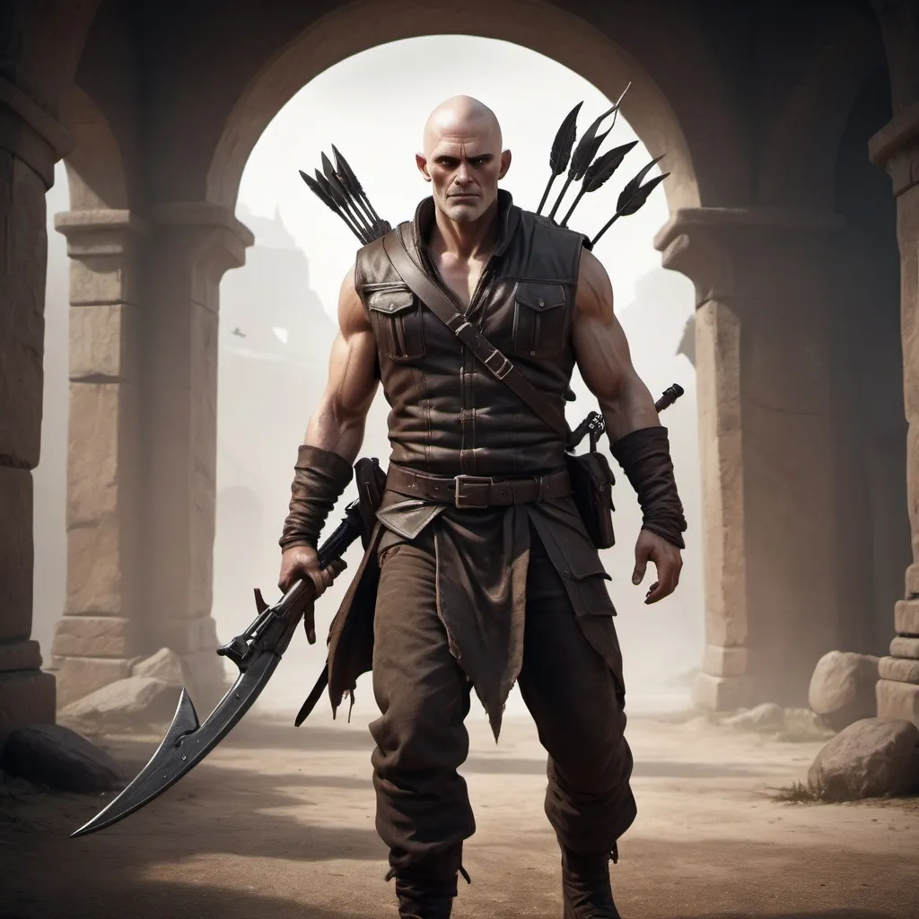 Prompt: (Fullbody ulgry brute man, transversal scar on right eye until the mouth, no-hair and bald), ruthless expression, malicious smile, (wearing dark brown leather vest, carring a crossbow in the back, left hand holding a kukri). ethereal atmosphere, dramatic lighting with soft shadows, photorealistic textures, depth of field, 4K resolution, cinematic composition, fantasy art style, dreamlike quality, surreal imagery, nature-inspired architecture, otherworldly entrance, high contrast, mesmerizing details, award-winning digital artwork