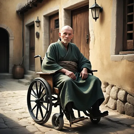 Prompt: Fullbody oldman, on rustic wood wheelchair, in short half-bald-head with , green eyes,  wearing dark-gray simple kimono,  idyllic Mediterranean medieval atmosphere, dramatic lighting with soft shadows, photorealistic textures, depth of field, 4K resolution, cinematic composition, fantasy art style, dreamlike quality, surreal imagery, idyllic rustic Mediterranean medieval city,  wattle and daub houses inspired background,  high contrast, mesmerizing details, award-winning digital artwork
