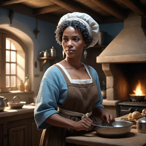 Prompt: Fullbody middle-age afro-woman cooker peasant, in short afro-black-hair with white lines in hair,hair tied up, brown eyes,  wearing light-blue cooking dolman,  tavern-kitchen atmosphere, dramatic lighting with soft shadows, photorealistic textures, depth of field, 4K resolution, cinematic composition, fantasy art style, dreamlike quality, surreal imagery, medieval mediterran tavern-inspired background,  high contrast, mesmerizing details, award-winning digital artwork