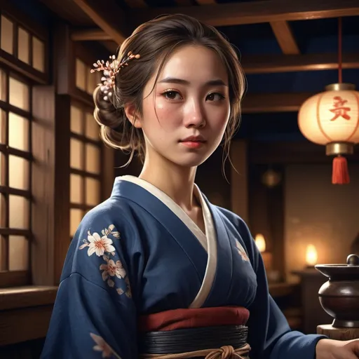 Prompt: Fullbody young asian peasant woman, brown hair with a kanzashi, (little cheek wound), wearing simple dark-blue kimono, Mediterranean tavern atmosphere, dramatic lighting with soft shadows, photorealistic textures, depth of field, 4K resolution, cinematic composition, fantasy art style, dreamlike quality , surreal imagery, Mediterranean tavern-inspired background, high contrast, mesmerizing details, award-winning digital artwork