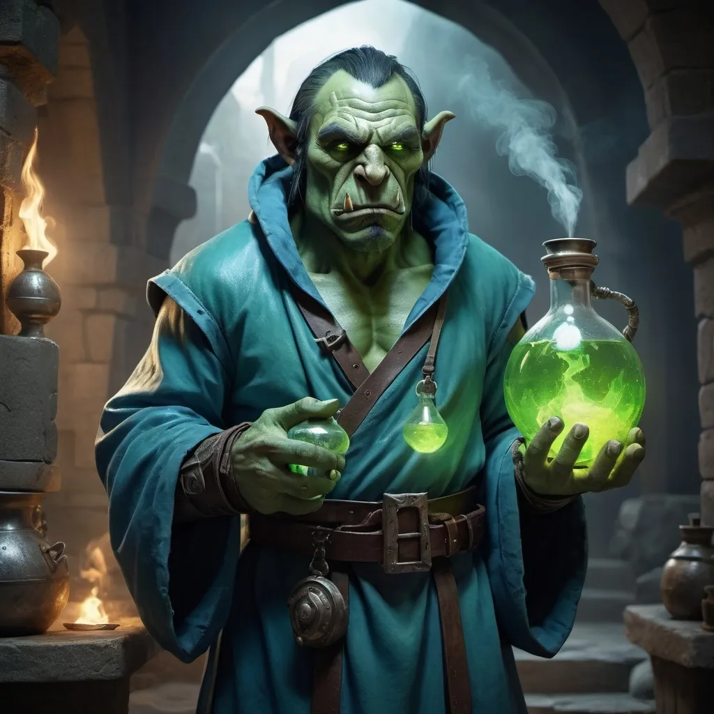 Prompt: (Fullbody Alchemists Orc, ruthless expression, green skin, wearing blue leather robe, holding a little acid flask in right hand), ethereal atmosphere, dramatic lighting with soft shadows, photorealistic textures, depth of field, 4K resolution, cinematic composition, fantasy art style, dreamlike quality, surreal imagery, nature-inspired architecture, otherworldly entrance, high contrast, mesmerizing details, award-winning digital artwork