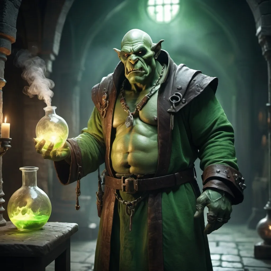 Prompt: (Fullbody Mad Alchemists Orc, green skin, wearing leather robe, holding a little acid flask in right hand), ethereal atmosphere, dramatic lighting with soft shadows, photorealistic textures, depth of field, 4K resolution, cinematic composition, fantasy art style, dreamlike quality, surreal imagery, nature-inspired architecture, otherworldly entrance, high contrast, mesmerizing details, award-winning digital artwork