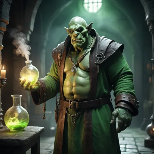 Prompt: (Fullbody Mad Alchemists Orc, green skin, wearing leather robe, holding a little acid flask in right hand), ethereal atmosphere, dramatic lighting with soft shadows, photorealistic textures, depth of field, 4K resolution, cinematic composition, fantasy art style, dreamlike quality, surreal imagery, nature-inspired architecture, otherworldly entrance, high contrast, mesmerizing details, award-winning digital artwork