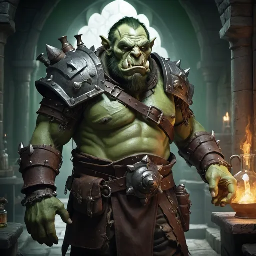 Prompt: (Fullbody Mad Alchemists Orc, green skin, wearing leather armor, holding a acid flask in right hand), ethereal atmosphere, dramatic lighting with soft shadows, photorealistic textures, depth of field, 4K resolution, cinematic composition, fantasy art style, dreamlike quality, surreal imagery, nature-inspired architecture, otherworldly entrance, high contrast, mesmerizing details, award-winning digital artwork