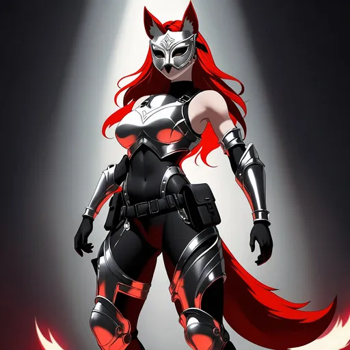 Prompt: (6'5" tall figure), striking athletic curvy build, wearing black mock neck sleeveless unitard with pockets, arm sleeves, adorned with (white tungsten breastplate), (bracers with silver accents), equipped with utility belt and thigh holster, (blindfold under Kitsune mask), radiant red hair cascading down, piercing grey eyes, dramatic lighting, dynamic pose, emphasizing strength and mystery, ultra-detailed, high-quality composition, enhances a fierce and empowering ambiance.