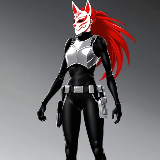 Prompt: (athletic figure), 6'5" tall, 200 lbs, wearing a (sleek black mock neck sleeveless unitard) with pockets and arm sleeves, covered by a (white tungsten breastplate) adorned with (silver accents), accessorized with a utility belt and thigh holster, sporting a (Kitsune mask) and blindfold, vivid (red hair), striking (grey eyes), (dramatic lighting), atmospheric (cinematic depth), (ultra-detailed) backdrop emphasizing a confident and mysterious demeanor.