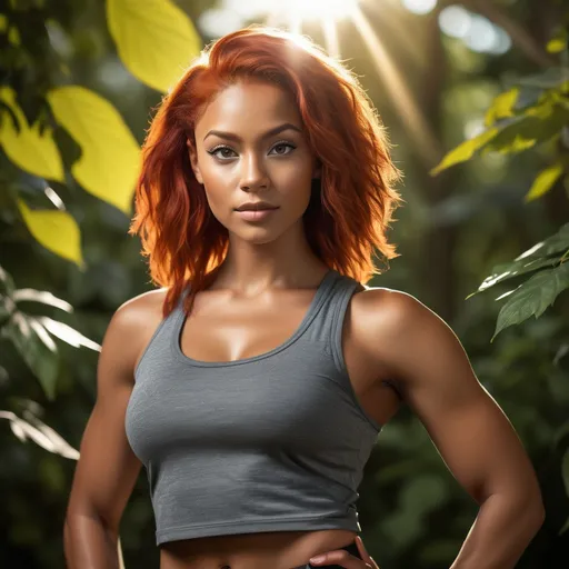 Prompt: (Beautiful woman), breathtakingly gorgeous features, multiracial, red hair, striking grey eyes, athletic build, tall at 6’5”, wearing casual tank top and shorts, poised stance, vibrant background, sunshine filtering through leaves, atmosphere feel of empowerment and confidence, high depth, ultra-detailed, cinematic lighting effects, capturing subtle shadows and highlights, impactful and engaging composition.