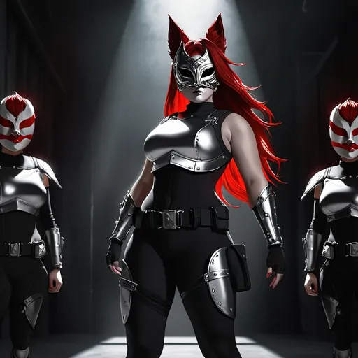 Prompt: fit and curvy figure (6'5", 198 lbs), black mock neck sleeveless unitard with pockets, silver-accented white tungsten breastplate, matching bracers, utility belt, and thigh holster, blindfold below Kitsune mask, striking red hair, piercing grey eyes, dramatic lighting, high detail, cinematic ambiance, powerful presence, sleek and modern style, ultra-detailed, character-focused composition