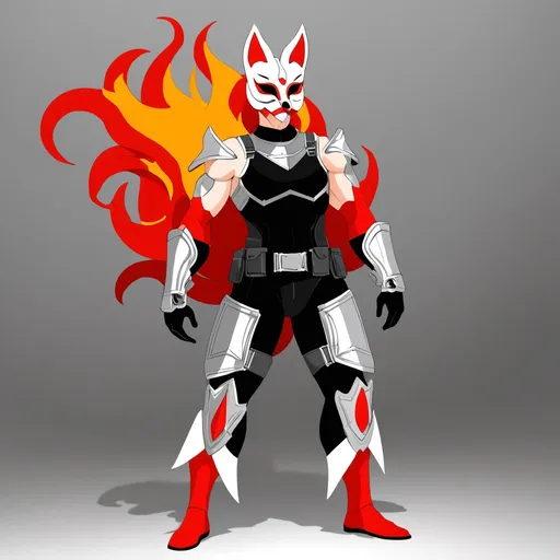 Prompt: Athletic figure (6'5", 200 lbs) with hourglass build, wearing sleek black mock neck sleeveless unitard with pockets, coupled with a striking white tungsten breastplate and bracers featuring silver accents, complemented by a utility belt and thigh holster. Mysterious blindfold beneath a stylized Kitsune mask, fiery red hair, and intense grey eyes. Set against a dramatic, mysterious background with dynamic lighting and high contrast, creating an ultra-detailed, cinematic portrait.