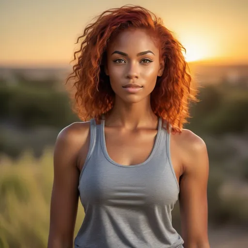 Prompt: (multiracial woman with breathtakingly gorgeous features), (tall, 6'5", athletic build), striking red hair, captivating grey eyes, wearing casual tank top and shorts, standing confidently, outdoors with a sunset background casting warm, golden hues, high contrast shadows, vibrant colors, ultra-detailed, expressive facial features, conveying strength and grace, serene ambiance, dynamic pose, strong presence, captivating overall composition.