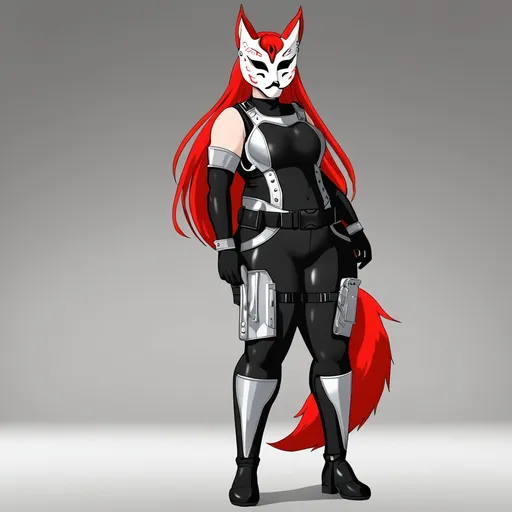 Prompt: Athletic curvy figure, (6'5", 200 lbs), wearing a sleek black mock neck sleeveless unitard with pockets, paired with (a striking white tungsten breastplate and bracers) featuring silver accents, accessorized with a utility belt and thigh holster. Expression concealed beneath a (Kitsune mask), sporting (vivid red hair) and (intense grey eyes), dramatic lighting, emphasizing her powerful stance, with a dynamic and captivating background, high detail, ultra-realistic rendering.