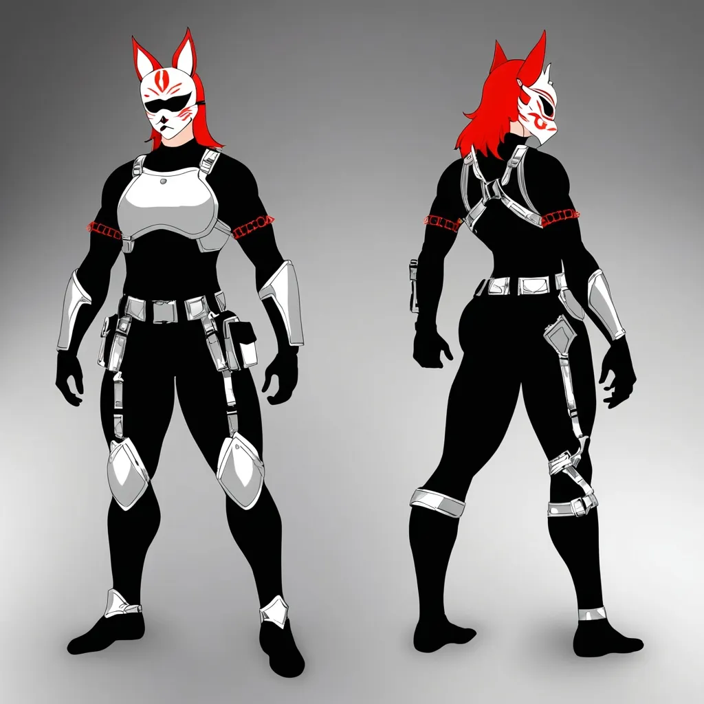 Prompt: (athletic figure), 6'5" tall, 200 lbs, wearing a (sleek black mock neck sleeveless unitard) with pockets and arm sleeves, covered by a (white tungsten breastplate) adorned with (silver accents), accessorized with a utility belt and thigh holster, sporting a (Kitsune mask) and blindfold, vivid (red hair), striking (grey eyes), (dramatic lighting), atmospheric (cinematic depth), (ultra-detailed) backdrop emphasizing a confident and mysterious demeanor.