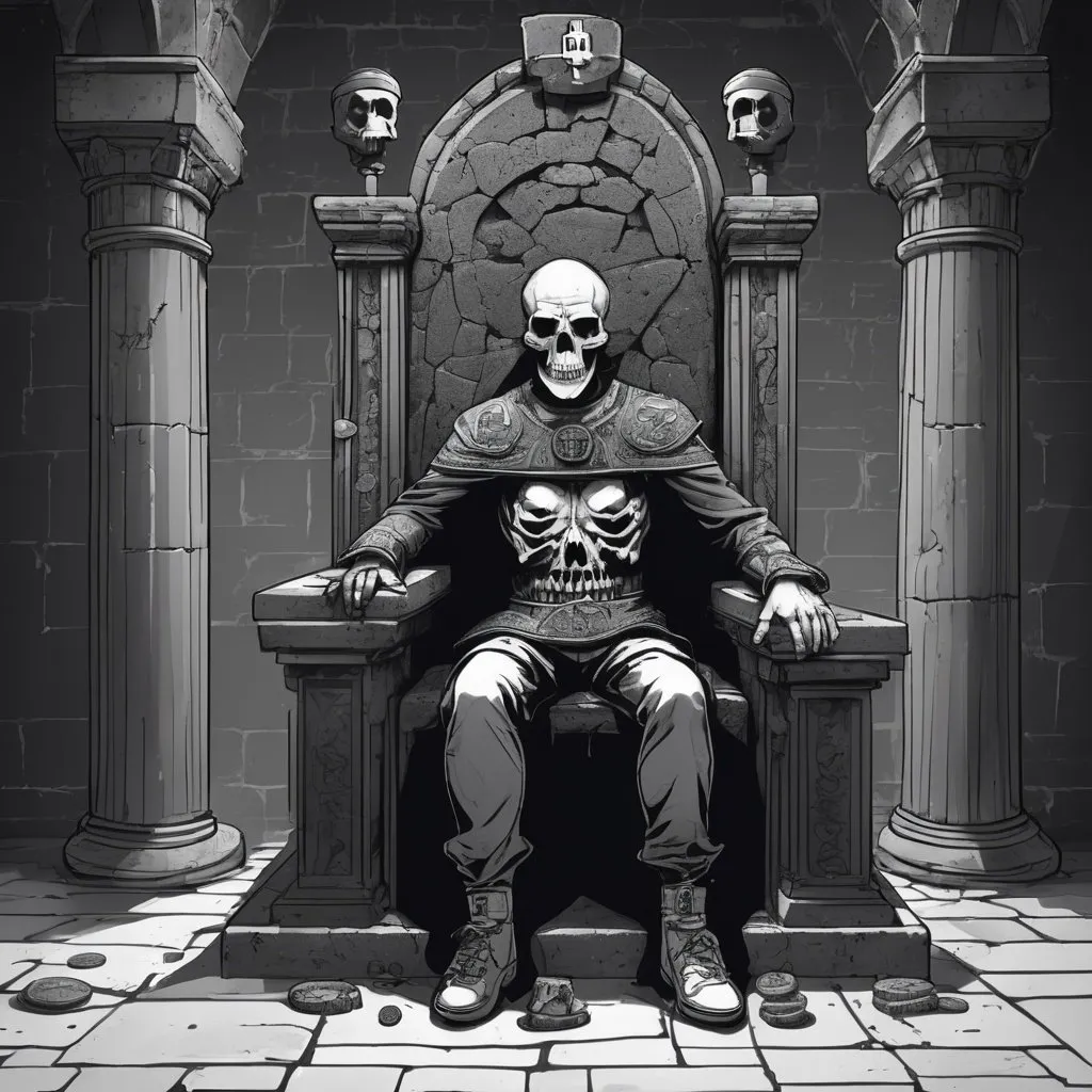 Prompt: Draw a room inside a castle with a mysterious, blindfolded, and frightening man sitting on an old stone throne. At the top of the throne is a skull, with a rectangular sign in its mouth bearing the name Modex. There are Bitcoin coins of various sizes in the room.