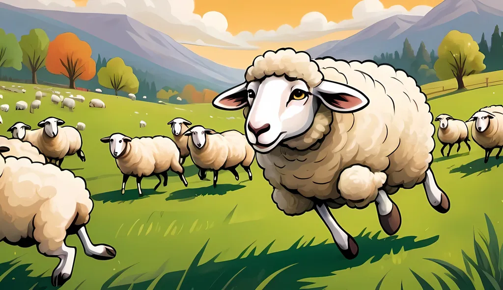 Prompt: A large, colorful illustration of Willow the sheep running through a lush, green pasture. She has a slightly frustrated, impatient expression on her face.

- In the background, there are other sheep slowly grazing or resting. Some of them are accidentally knocking over their food and water troughs, creating a mess.

- The overall scene captures Willow's energetic, sometimes restless personality in contrast with the calmer, more laidback behavior of the other sheep.