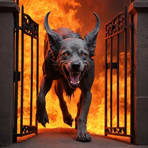 Prompt: hell hound getting out of the gates of hell