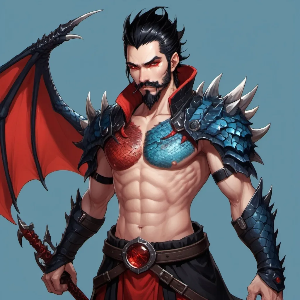 Prompt: A half human half dragon hybrid. Red scales on his chest and shoulders. Uses a glaive and is a Hexblade warlock. Black hair that is very anime like and with a red streak in it. A strong beard and moustache. Piercing blue draconic eyes.