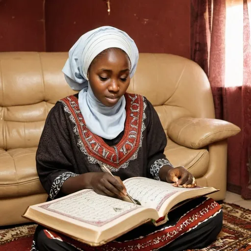 Prompt: A Hausa lady from northern Nigerian reading Quran in a Parlor at their home.