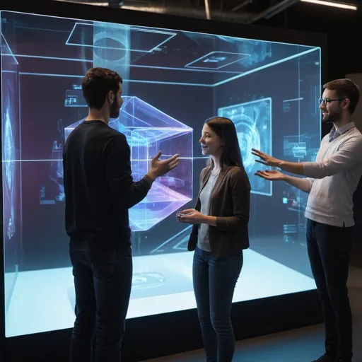 Prompt: People interacting with holographic displays.
