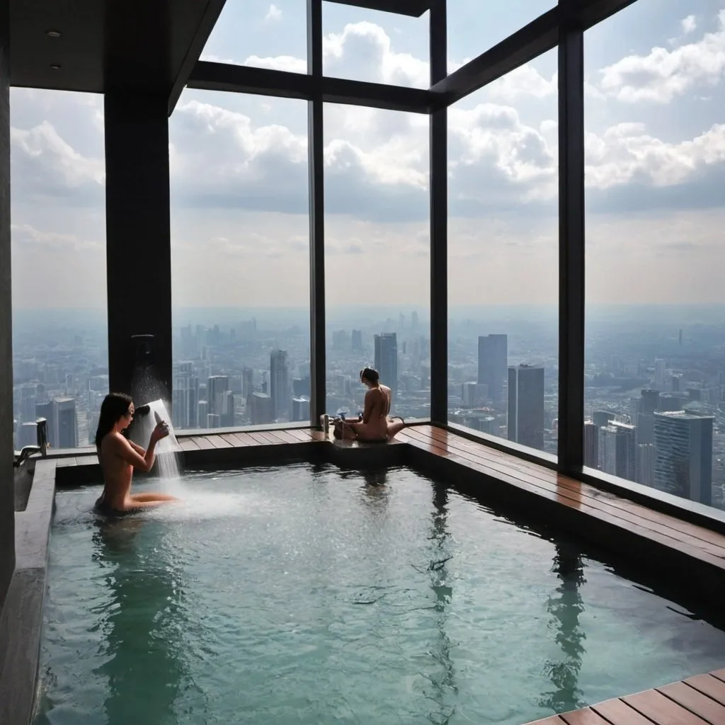 Prompt: The best and relaxing open concept place in the world to take a hot water shower. In the top of a skycrapper 