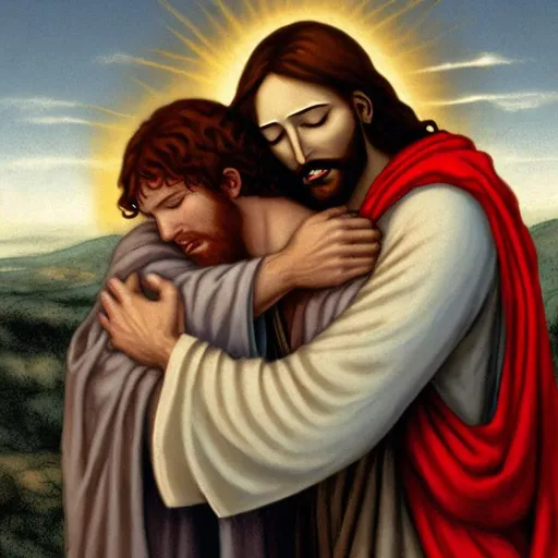 Prompt: Jesus hugging a red haired man that is crying