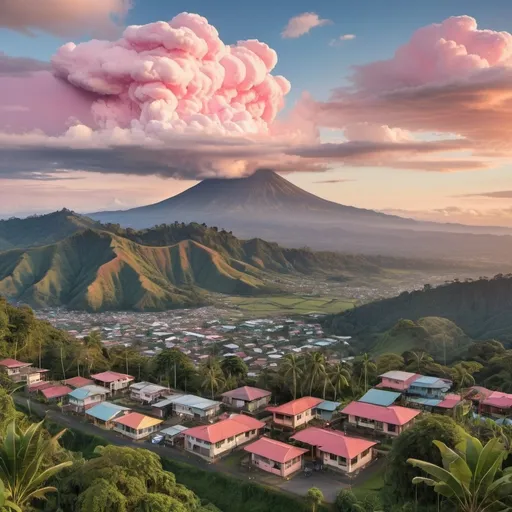 Prompt: Art Nouveau style, A5 sized paper display, landscape print display, aerial distant shot of the jungle near Turrialba Costa Rica during late sunset, volcanoes in the distance have houses and little communities along the hillside, some of the houses have lights on, cotton candy-colored clouds in the background